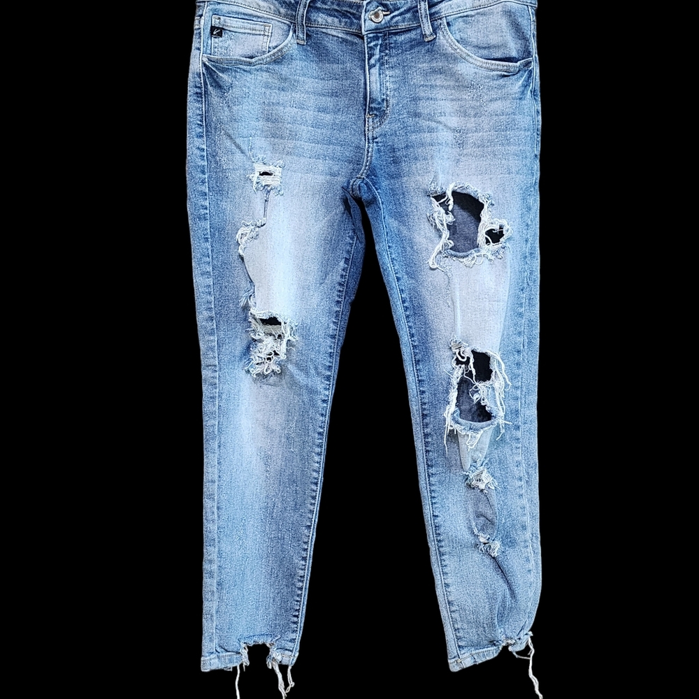 KanCan Blue Distressed Denim Jeans Womens 30 Cropped Stretchy Lightwash Mid-Rise